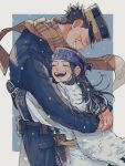  1boy 1girl absurdres ainu ainu_clothes asirpa belt black_hair blue_background blue_jacket border brown_belt cape closed_eyes earrings fur_cape golden_kamuy grin happy hat headband highres hoop_earrings hug jacket japanese_clothes jewelry kepi kimono knife_sheath kome_uo light_blush long_hair military_hat military_uniform pelt purple_headband scar scar_on_face scarf sheath short_hair sidelocks simple_background smile snow spiked_hair sugimoto_saichi tekunpe uniform white_border white_kimono wide_sleeves yellow_scarf 