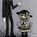  black_eyes bow collar frilled_collar frilled_skirt frills gasp green_hair grey_background hair_bow heripantomorrow komeiji_koishi looking_at_another rain ribbon skirt slender_man third_eye touhou yellow_ribbon 