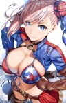  1girl absurdres american_flag_bikini asymmetrical_gloves bangs banned_artist belko bikini blue_eyes blue_jacket blush breasts brown_gloves bun_cover choker cleavage collarbone commentary_request cropped_jacket fate/grand_order fate_(series) fingerless_gloves flag_print gloves hair_bun hair_ribbon highres jacket large_breasts long_hair long_sleeves looking_at_viewer miyamoto_musashi_(fate) miyamoto_musashi_(swimsuit_berserker)_(fate) pink_hair revision ribbon shrug_(clothing) side_bun solo swept_bangs swimsuit thighhighs thighs 