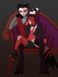 anthro avian avian_feet bird blitzo_(helluva_boss) clothed clothing collar crossdressing demon duo furniture girly helluva_boss hi_res horn humanoid imp male male/male owl owl_demon reachahighernoon romantic romantic_couple slutty_clothing sofa stolas_(helluva_boss) tail tail_wraps wraps