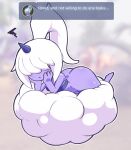 bottomless clothed clothing cloud dazzi_(pal) female hair hair_over_eyes hand_on_face hi_res horn lying masked_agent on_front pal_(species) palworld pocketpair ponytail purple_body purple_skin text topwear tube_top white_hair
