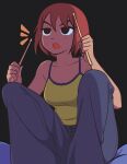  1girl absurdres black_eyes breasts camisole cleavage collarbone commentary drumsticks freckles grey_pants highres holding holding_drumsticks jeff_miga kim_pine medium_breasts medium_hair pants red_hair scott_pilgrim_(series) sitting solo spaghetti_strap yellow_camisole 