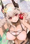  1girl apple arknights bangs black_swimsuit blush breasts breasts_outside carrying carrying_under_arm cleavage commentary demon_horns ear_piercing eyebrows_visible_through_hair eyelashes feet_out_of_frame flower food from_above fruit hair_between_eyes hair_flower hair_ornament highres holding holding_food holding_fruit holding_innertube horns infection_monitor_(arknights) innertube jewelry ken_(1057168252) large_breasts long_hair looking_at_viewer looking_up midriff mudrock_(arknights) mudrock_(silent_night)_(arknights) navel necklace nipples official_alternate_costume oripathy_lesion_(arknights) parted_lips piercing pointy_ears red_eyes silver_hair solo swimsuit 