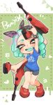  1girl aqua_hair bike_shorts black_bow blue_shirt border bow bow_hairband closed_eyes clover commentary_request commission dual_wielding dualie_squelcher_(splatoon) four-leaf_clover green_background gun hair_bow hairband heart hidaka0128 holding holding_gun holding_weapon letterboxed long_hair octoling octoling_girl octoling_player_character open_mouth outside_border print_shirt red_footwear shirt shoes simple_background skeb_commission smile solo splatoon_(series) splatoon_3 standing teeth tentacle_hair weapon white_border 