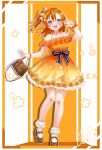  1girl absurdres bag blue_eyes blush brown_footwear brown_hair choker collarbone dress full_body hair_ornament hairclip handbag highres kosaka_honoka kuntze looking_at_viewer love_live! medium_hair open_mouth orange_dress orange_nails smile socks solo teeth upper_teeth_only v white_socks x_hair_ornament 