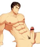  1boy abs absurdres bar_censor bara censored completely_nude erection facial_hair feet_out_of_frame fujimachine_(clayten) highres large_pectorals looking_to_the_side male_focus male_pubic_hair mature_male muscular muscular_male navel nipples nude pectorals penis pubic_hair short_hair sideburns solo spread_legs stomach stubble thick_thighs thighs tokyo_afterschool_summoners zabaniya_(housamo) 