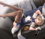  1girl blue_eyes blue_necktie blush bottle braid braided_bun breasts brown_hair brown_thighhighs couch dress flight_deck gloves hair_bun highres holding holding_bottle k_jie kantai_collection light_brown_hair long_hair looking_at_viewer lying medium_breasts necktie on_couch open_mouth ranger_(kancolle) setsubun shirt side_braids single_side_bun smile solo thighhighs two-tone_dress white_gloves white_shirt wine_bottle 