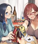  2girls 92m :d absurdres ahoge alcohol beer beer_can black_hair blue_eyes bottle breasts brown_hair can cleavage closed_eyes cola commentary_request eyebrows_visible_through_hair food glasses grin highres japanese_clothes large_breasts long_hair looking_at_viewer multiple_girls open_mouth original ponytail pov red-framed_eyewear sake_bottle short_hair smile sushi 