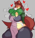 anthro big_breasts blush blush_lines breasts canid canine canis clothing comisariomcnuggets duo faceless_character faceless_male female hug huge_breasts human larger_female male male/female mammal size_difference steam sweater topwear wolf