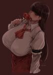  1girl artist_name blunt_bangs blush breasts brown_background brown_hair chichi8181 collared_shirt flower hand_up highres holding holding_flower huge_breasts long_hair looking_at_viewer neckerchief original puffy_sleeves red_eyes red_neckerchief red_theme ringed_eyes shirt simple_background solo standing white_shirt 