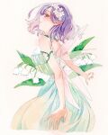  1girl bare_arms bare_shoulders blush cowboy_shot cropped_legs dress fairy fairy_wings flower from_side hair_flower hair_ornament head_wreath highres leaf original painting_(medium) parted_lips pointy_ears profile purple_eyes purple_hair short_hair simple_background sleeveless sleeveless_dress smile solo srnmomo traditional_media watercolor_(medium) white_background white_flower wings 
