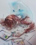  1girl 1other brown_hair brown_hoodie closed_mouth creature cup highres hood hood_down hoodie long_hair long_sleeves lying original paintbrush painting_(medium) paper pen pencil red_hair sleeping sleeping_on_desk srnmomo traditional_media watercolor_(medium) 