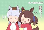  2girls :d :o animal_ears blue_bow blush_stickers bow brown_hair brown_headwear chibi closed_eyes ear_covers gold_ship_(umamusume) gomashio_(goma_feet) gradient_background green_background grey_hair hair_bow hat horse_ears horse_girl horse_tail jacket long_hair mini_hat multiple_girls parted_lips polka_dot polka_dot_background red_jacket smile tail tosen_jordan_(umamusume) track_jacket translation_request twintails umamusume yellow_background |_| 