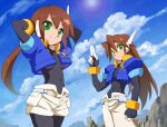  1boy 1girl aile_(mega_man_zx) arms_behind_head black_bodysuit blue_jacket blue_sky bodysuit bodysuit_under_clothes breasts cloud covered_collarbone covered_navel cropped_jacket green_eyes jacket kaidou_zx long_hair looking_at_viewer mega_man_(series) mega_man_zx mega_man_zx_advent open_clothes open_jacket pants ponytail robot_ears salute shorts sky small_breasts sun two-finger_salute vent_(mega_man) white_pants white_shorts 