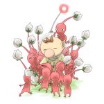  1boy big_nose black_eyes brown_hair bud buttons closed_eyes closed_mouth colored_skin commentary_request creature_on_head from_behind gloves group_hug helmet hug naru_(wish_field) no_mouth olimar pikmin_(creature) pikmin_(series) pink_nose pointy_ears pointy_nose radio_antenna red_gloves red_light red_pikmin red_skin short_hair simple_background smile space_helmet spacesuit too_many very_short_hair white_background 
