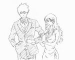  1boy 1girl bare_arms bleach bleach:_sennen_kessen-hen bow bowtie breasts closed_eyes dress hair_ornament hairclip hand_in_pocket inoue_orihime jewelry kurosaki_ichigo large_breasts locked_arms long_hair looking_at_viewer monochrome necklace rakusakugk short_hair side_slit sketch sleeveless sleeveless_dress suit tuxedo 