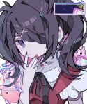  1girl absurdres ame-chan_(needy_girl_overdose) black_hair black_nails black_ribbon cat closed_mouth commentary diagonal_bangs glitch hair_ornament hair_over_one_eye hand_to_own_mouth hand_up highres looking_at_viewer lsd medium_hair multicolored_nails nail_polish neck_ribbon needy_girl_overdose pien_cat_(needy_girl_overdose) pill pink_nails purple_eyes red_vest ribbon solo soresaki twintails upper_body vest wide_sleeves window_(computing) x_hair_ornament 