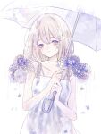 1girl bare_arms bare_shoulders blue_eyes blue_flower closed_mouth collarbone crying crying_with_eyes_open dress flower hair_flower hair_ornament highres holding holding_umbrella hydrangea kotono_n0 looking_at_viewer original purple_eyes purple_flower rain short_hair simple_background sleeveless sleeveless_dress solo sundress tears transparent transparent_umbrella umbrella upper_body white_background white_dress white_umbrella 