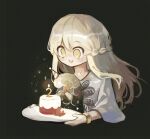  1boy :d birthday_cake black_background blonde_hair bracelet braid cake candle dnuatun elden_beast elden_ring english_commentary food hat highres holding holding_plate jewelry long_hair male_focus miquella_(elden_ring) open_mouth otoko_no_ko party_hat plate simple_background smile teeth upper_teeth_only yellow_eyes 