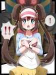  1girl :o absurdres alternate_breast_size blush breasts bright_pupils brown_hair cofagrigus commentary_request crossed_wrists dirty dirty_clothes double_bun green_eyes hair_bun highres long_hair looking_at_viewer open_mouth pantyhose pokemon pokemon_(creature) pokemon_bw2 raglan_sleeves rosa_(pokemon) shabana_may shirt shorts surprised twintails visor_cap white_headwear white_pupils yellow_shorts 