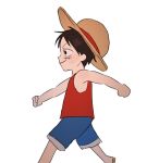  1boy aged_down black_eyes black_hair blue_shorts child clenched_hands commentary_request feichangkou hat highres male_focus monkey_d._luffy one_piece profile red_shirt scar scar_on_face shirt short_hair shorts simple_background smile solo straw_hat walking white_background 