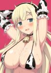  1girl animal_ears animal_print bare_shoulders bell bikini blonde_hair blush breasts cleavage collarbone cow_ears cow_horns cow_print cow_print_bikini cowbell cum cum_on_body cum_on_breasts elbow_gloves fake_animal_ears fake_horns gloves green_eyes hairband highres horns horosuke large_breasts long_hair looking_at_viewer open_mouth print_bikini senran_kagura smile solo sweat swimsuit white_bikini white_gloves yomi_(senran_kagura) 