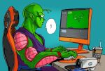  1boy antennae chair colored_skin confused cup disposable_cup dragon_ball gaming_chair green_screen green_skin male_focus megakun monitor mouse_(computer) namekian piccolo swivel_chair webcam you&#039;re_doing_it_wrong 