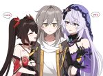  3girls :&lt; arm_hug bell black_choker black_coat black_gloves black_hair black_swan_(honkai:_star_rail) chest_tattoo choker coat dress girl_sandwich gloves grey_hair highres honkai:_star_rail honkai_(series) japanese_clothes jingle_bell kimono korean_text lix_(iroiro3843) long_hair mask mask_on_head multiple_girls neck_bell open_mouth purple_dress purple_eyes purple_hair purple_veil red_kimono sandwiched shirt simple_background smile sparkle_(honkai:_star_rail) stelle_(honkai:_star_rail) sweatdrop tattoo trailblazer_(honkai:_star_rail) translation_request twintails upper_body white_background white_shirt yellow_eyes yuri 