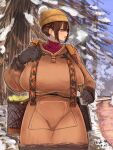  1girl basket beanie breasts bright_pupils brown_hair chichi8181 commentary_request cowboy_shot double-parted_bangs forest gloves hair_between_eyes hat highres huge_breasts long_hair nature original outdoors parted_lips pink_lips red_eyes sidelocks snow solo standing sweater takanashi_akiho turtleneck turtleneck_sweater white_pupils winter_clothes 