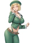  1girl aged_up alternate_universe belt beret blonde_hair blush breasts cleavage closed_eyes collarbone fate/grand_order fate_(series) green_headwear green_jacket green_panties green_pants hat highleg highleg_panties highres jacket large_breasts learning_with_manga!_fgo long_sleeves midriff navel open_mouth panties pants parted_bangs paul_bunyan_(fate) ranma_(kamenrideroz) short_hair smile solo thighs underwear 