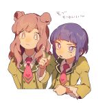  2girls avocado_academy_school_uniform blunt_bangs brown_eyes brown_hair closed_mouth collared_shirt commentary_request cropped_torso double_bun green_jacket hair_bun hand_up idol_time_pripara index_finger_raised jacket juliet_sleeves katupuraamen long_hair long_sleeves looking_at_viewer multiple_girls necktie open_mouth pink_necktie pretty_series pripara puffy_sleeves purple_eyes purple_hair school_uniform shirt short_hair simple_background smile translation_request upper_body white_background white_shirt 