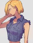  1girl android_18 blonde_hair blue_shirt collarbone denim_shirt dragon_ball dragon_ball_z earrings grey_background jewelry kemachiku navel profile shirt short_hair simple_background sleeveless sleeveless_shirt solo 