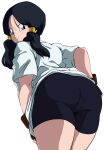  1girl ass bike_shorts black_hair black_shorts blue_eyes brown_gloves closed_mouth code_null commission dragon_ball dragon_ball_z fingerless_gloves from_behind gloves highres long_hair looking_at_viewer looking_back shirt short_sleeves shorts skeb_commission solo twintails videl white_background white_shirt 