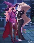  2girls absurdly_long_hair bare_shoulders black_footwear black_nails blazblue blazblue:_cross_tag_battle breasts building closed_eyes commission covered_face crossover dress fur_trim hair_over_one_eye hand_over_face hat high_heels high_ponytail highres hilda_(under_night_in-birth) konoe_a._mercury long_hair long_sleeves multicolored_clothes multicolored_dress multiple_girls nail_polish off-shoulder_dress off_shoulder ponytail purple_dress signature skyscraper sleeveless sleeveless_dress swept_bangs thighhighs under_night_in-birth urban very_long_hair vitriccitrus white_footwear witch witch_hat 