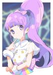  1girl blunt_bangs blurry blurry_background border closed_mouth cropped_torso finger_to_cheek hand_up long_hair looking_at_viewer manaka_non pretty_series pripara purple_eyes purple_hair shirt short_sleeves side_ponytail sidelocks solo tulaca_(pixiv) upper_body white_border white_shirt wrist_cuffs 