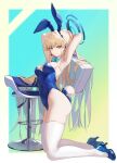  1girl animal_ears armpits arms_up ass bar_stool bare_shoulders blonde_hair blue_archive blue_bow blue_eyes blue_leotard blush bow bowtie breasts closed_mouth covered_navel detached_collar fake_animal_ears full_body gloves high_heels highleg highleg_leotard highres holding holding_suitcase kneeling leotard long_hair looking_at_viewer medium_breasts playboy_bunny ponytail rabbit_ears rabbit_tail simple_background sitting smile solo stool strapless strapless_leotard suitcase tail thighhighs thighs toki_(blue_archive) toki_(bunny)_(blue_archive) very_long_hair white_gloves zomzomzomsauce 