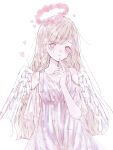  1girl angel angel_wings bare_shoulders blonde_hair blush braid breasts closed_mouth clothing_cutout collarbone dress feathered_wings flower halo hand_up heart highres kotono_n0 long_hair looking_at_viewer original pink_eyes pink_flower shoulder_cutout simple_background solo tears twin_braids very_long_hair white_background white_dress white_wings wings 