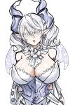  1girl absurdres breasts cleavage demon_girl demon_horns demon_wings dress duel_monster gloves grey_eyes highres horns large_breasts looking_at_viewer lovely_labrynth_of_the_silver_castle low_wings pointy_ears solo synchroman twintails white_hair white_horns wings yu-gi-oh! 