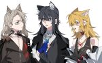  3girls animal_ear_fluff animal_ears arknights black_dress black_gloves black_hair black_jacket black_vest blonde_hair blue_eyes blue_gloves bright_pupils chain_necklace collared_shirt dress elbow_gloves fingerless_gloves gloves green_eyes grey_hair highres jacket jewelry long_hair looking_at_another medium_hair molu_stranger multicolored_eyes multiple_girls necklace orange_eyes parted_lips penance_(arknights) red_eyes shirt simple_background sora_(arknights) texas_(arknights) vest white_background white_pupils white_shirt wolf_ears 