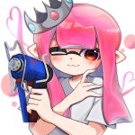  1girl :3 absurdres blurry blurry_background closed_mouth commentary crown glooga_dualies_(splatoon) glue_gun gun heart highres holding holding_gun holding_weapon inkling inkling_girl inkling_player_character knr_2 long_hair looking_at_viewer one_eye_closed pink_hair pointy_ears red_eyes smile solo splatoon_(series) splatoon_3 symbol-only_commentary tentacle_hair upper_body weapon white_background 
