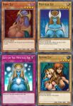 big_breasts big_nipples blonde_hair blue_body blue_skin breasts brown_body brown_hair card_game elf facial_markings female gaming gemini_elf group hair head_markings hi_res huge_breasts humanoid humanoid_pointy_ears long_hair markings mystical_elf nipples text third-party_edit urielmanx7 yu-gi-oh!