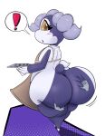 anthro big_butt blush butt butt_grab clothing digital_media_(artwork) exclamation_point female finalofdestinations generation_8_pokemon hand_on_butt hi_res horn huge_butt indeedee mammal nintendo pokemon pokemon_(species) simple_background solo thick_thighs wide_hips