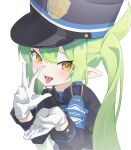  1girl :p absurdres armband black_hat black_jacket blue_archive blue_armband commentary_request fellatio_gesture gloves green_hair hat highlander_twintails_conductor_(blue_archive) highres jacket long_hair looking_at_viewer open_mouth simple_background solo tongue tongue_out twintails upper_body w white_background white_gloves xinrouyu yellow_eyes 
