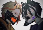  2boys animal_ear_fluff animal_ears asymmetrical_bangs axel_syrios black_hair blonde_hair blue_eyes braid choker covered_mouth dog_ears face-to-face fake_animal_ears glitch grey_background hair_tubes headgear highres holostars holostars_english jackal_boy jackal_ears jacket kageyama_shien looking_at_viewer male_focus mask momiage_40 mouth_mask multicolored_hair multiple_boys muzzle orange_hair portrait profile side_braid sideways_glance single_braid slit_pupils streaked_hair virtual_youtuber white_hair yellow_eyes 