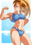  1girl abiko_zyozi abs bandaid bandaid_on_face brown_hair captain_mizuki earrings flexing grin high_ponytail jewelry long_hair looking_at_viewer muscular muscular_female one-punch_man panties ponytail pose smile solo sports_bra standing sweat underwear 
