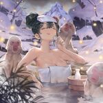  1girl :d absurdres arm_rest armpits bangs bare_tree blurry blurry_foreground bottle breasts closed_eyes commentary cup english_commentary fireflies green_hair hair_bun highres holding holding_cup japanese_macaque jung_wonjo monkey naked_towel onsen open_mouth original outdoors partially_submerged plant smile snow solo towel towel_on_head tree water wet 