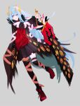  0o0onnk 1girl bandaged_arm bandaged_leg bandages black_coat black_skirt black_thighhighs black_wings coat e.g.o_(project_moon) employee_(project_moon) extra_eyes full_body highres holding holding_sword holding_weapon lobotomy_corporation low_wings project_moon red_footwear red_sweater shoes simple_background skirt solo sweater sword thighhighs weapon white_background wings 
