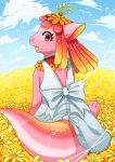 2023 anthro backless_dress clothing digital_media_(artwork) dragon dress elemental_creature female flora_fauna flower flower_creature flower_field hi_res kemono lilac_(pyritie) looking_at_viewer mythological_creature mythological_scalie mythology nekotabact open_mouth open_smile outside petals pink_body pink_eyes plant plant_hair pseudo_hair rear_view scalie sky smile solo tail thick_tail yellow_mouth