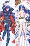  1girl ass back backless_dress backless_outfit barefoot basket belt blue_cape blue_eyes blue_hair blue_sweater body_pillow brown_belt burnt_green_tea cape closed_mouth commentary dress dual_persona english_commentary falchion_(fire_emblem) fire_emblem fire_emblem_awakening fire_emblem_heroes flower hair_between_eyes head_wreath highres holding holding_mask long_hair long_sleeves looking_at_viewer lucina_(fire_emblem) lucina_(valentine)_(fire_emblem) lying mask official_alternate_costume petals pillow pink_flower red_cape ribbed_sweater smile sweater sword tiara toes two-tone_cape unworn_mask very_long_hair weapon white_dress white_flower 