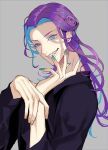  1boy alternate_costume alternate_hairstyle blue_eyes blue_hair blue_nails casual curly_hair fate/grand_order fate_(series) fingernails grey_background grin hair_intakes k500yen long_hair male_focus mephistopheles_(fate) multicolored_eyes pale_skin pointy_ears purple_eyes purple_hair sharp_fingernails smile thick_eyebrows 